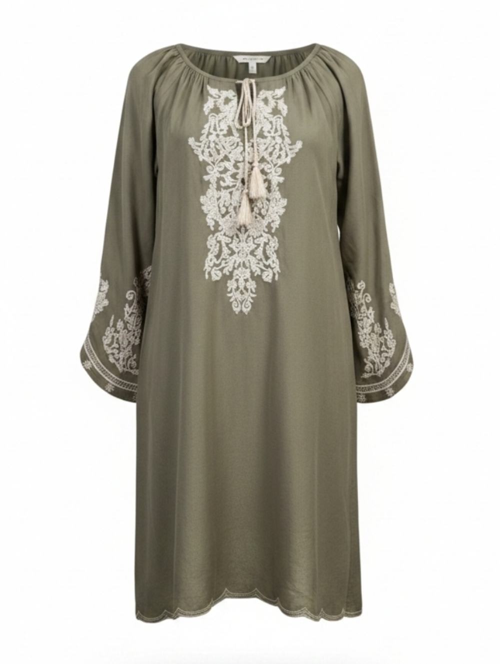 C|C Boho Motif Embroidered Scalloped Hem Tassel Tie Loose Fitted Dress Size S